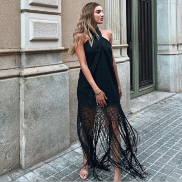 Zara halter * linen dress with fringe black size XS - Picture 14 of 16